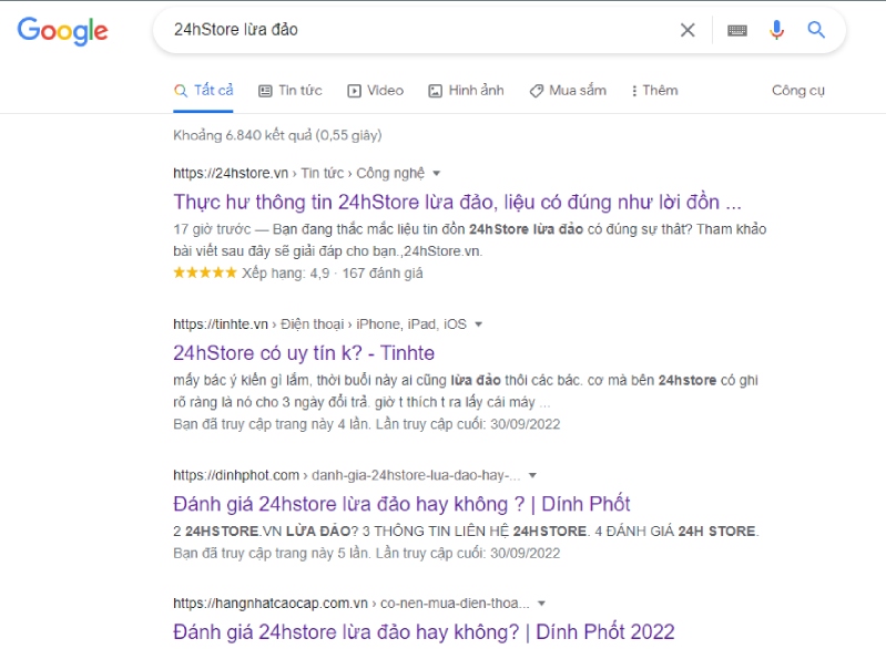 Kết quả tìm kiếm từ khóa 24hStore lừa đảo trên Google
