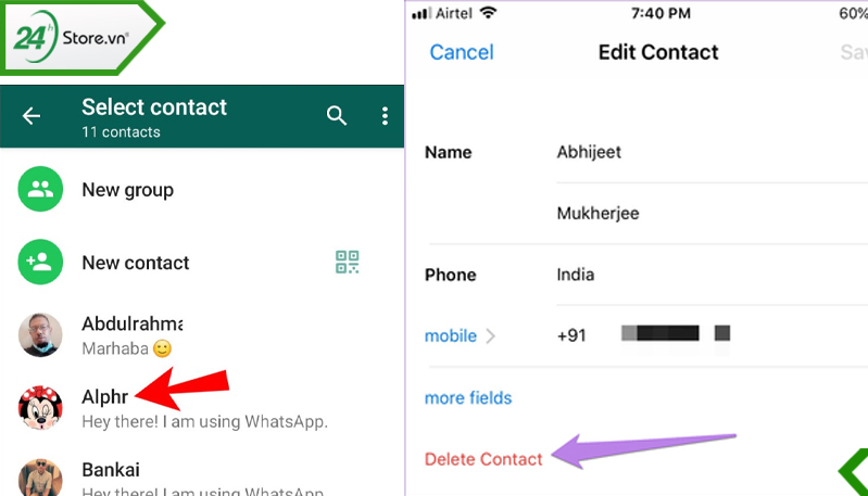 Xoá số có trong danh bạ trên WhatsApp