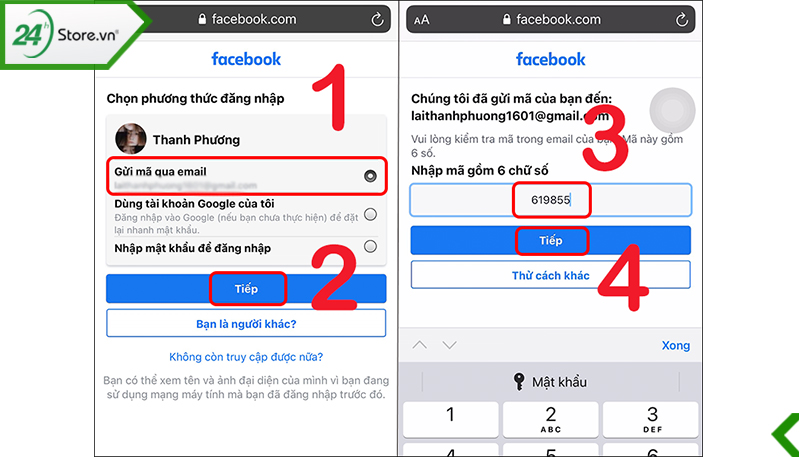 Hai phương thức nhận mã cho bạn lựa chọn để đặt lại mật khẩu