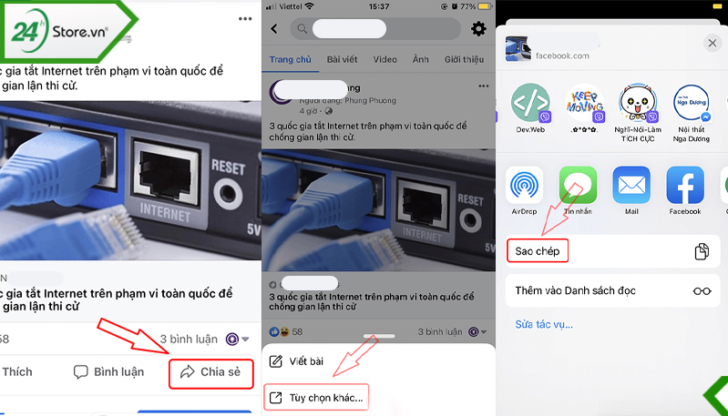 Cách lấy link bài viết facebook trên iphone