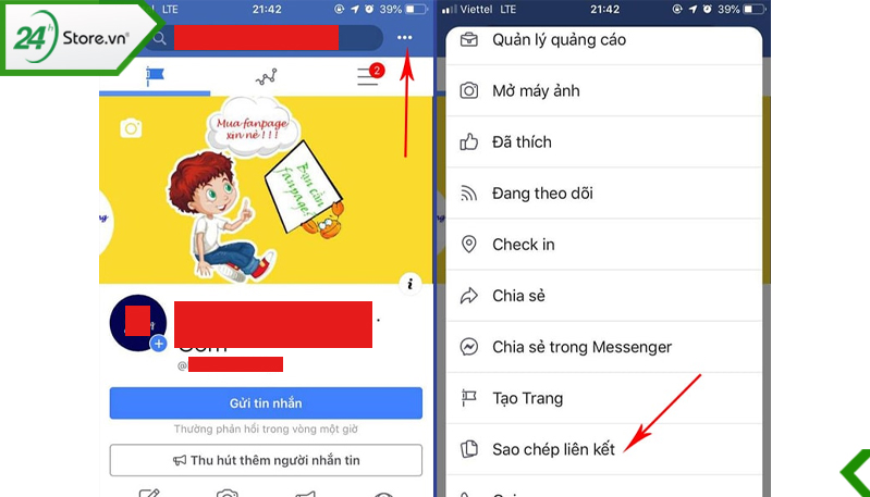 Thực hiện lấy link Fanpage trên điện thoại