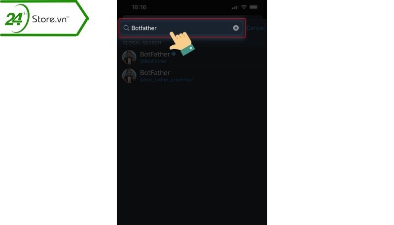 Tìm kiếm botfather trên thanh công cụ Tìm kiếm botfather trên thanh công cụ