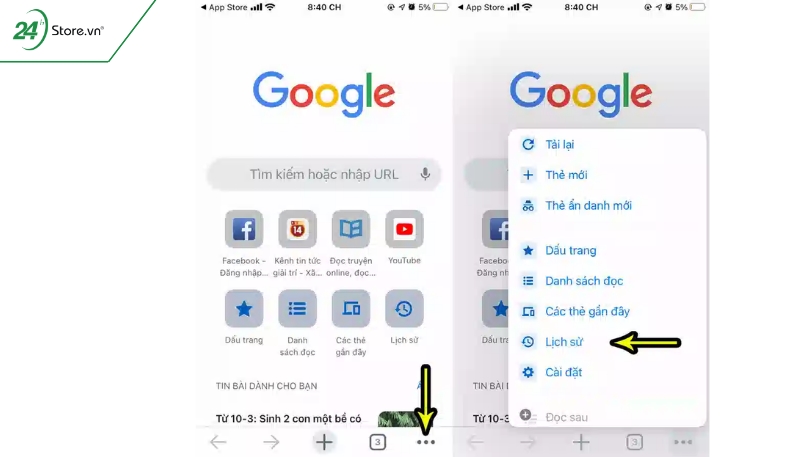 Xóa lịch sử tìm kiếm Google Chrome trên iPhone