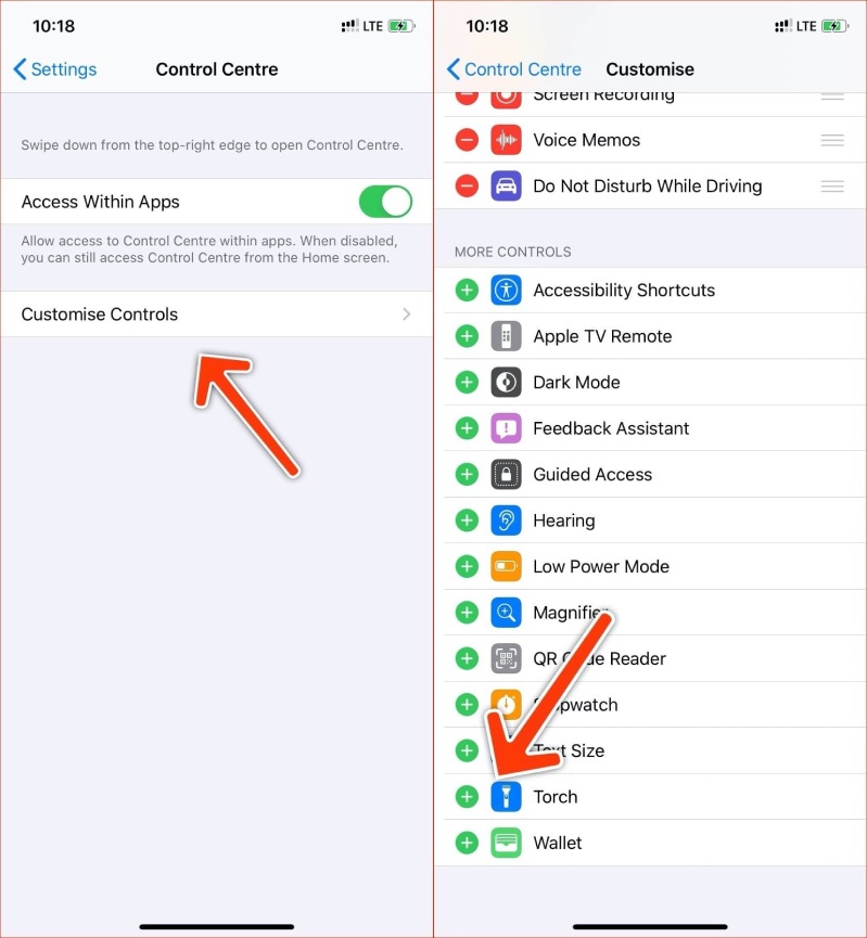 thêm Đèn pin vào Trung tâm điều khiển để bật đèn pin iPhone 