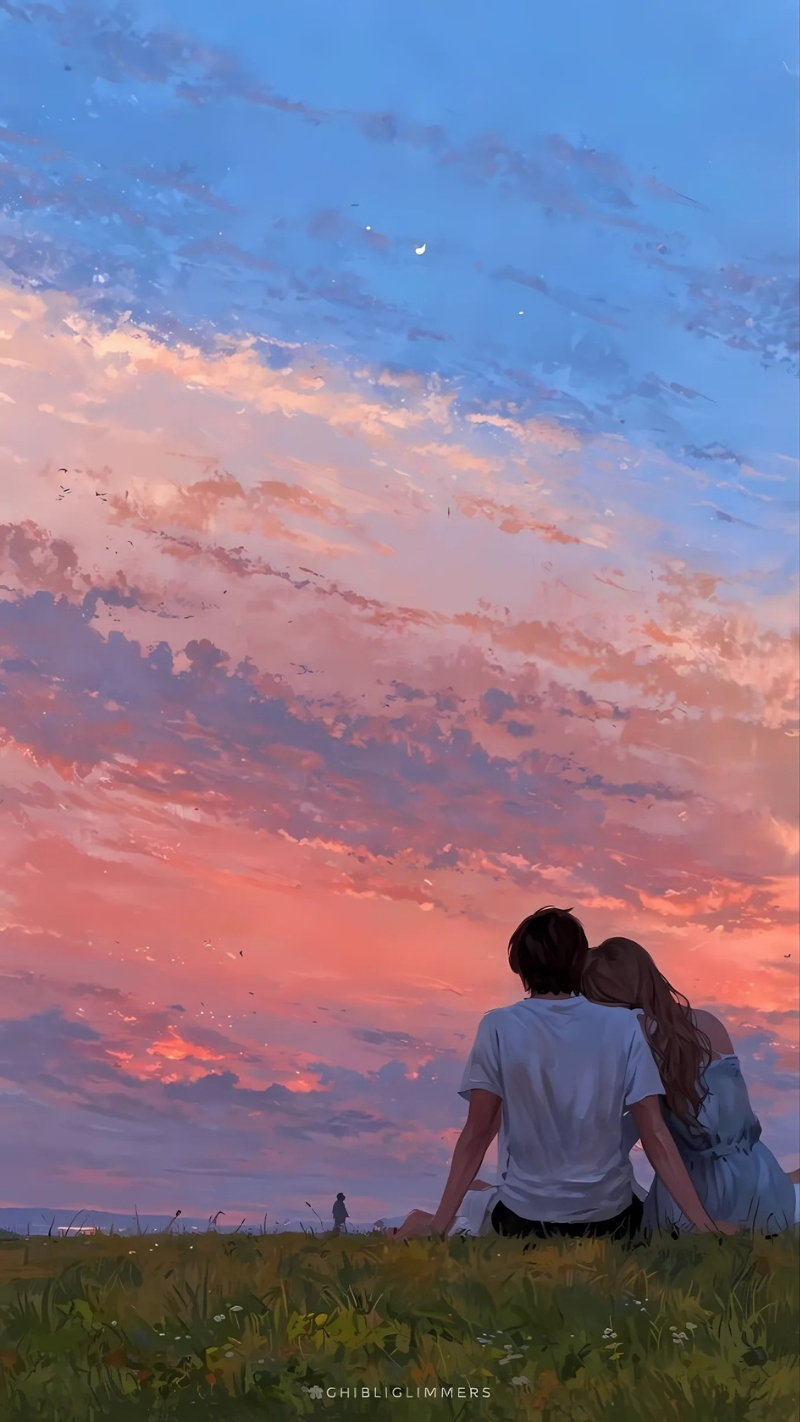 ảnh nền tình yêu điện thoại tựa vai ngắm hoàng hôn