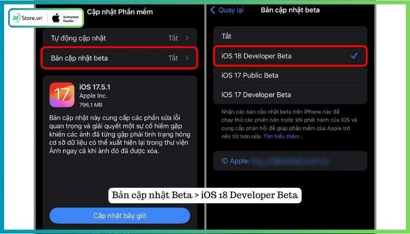Lựa chọn nâng cấp iOS 18 Beta dành cho nhà phát triển