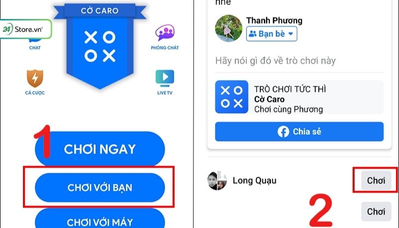 Cách chơi game facebook trên máy tính là Nhấn vào Chơi với bạn rồi chọn Chơi