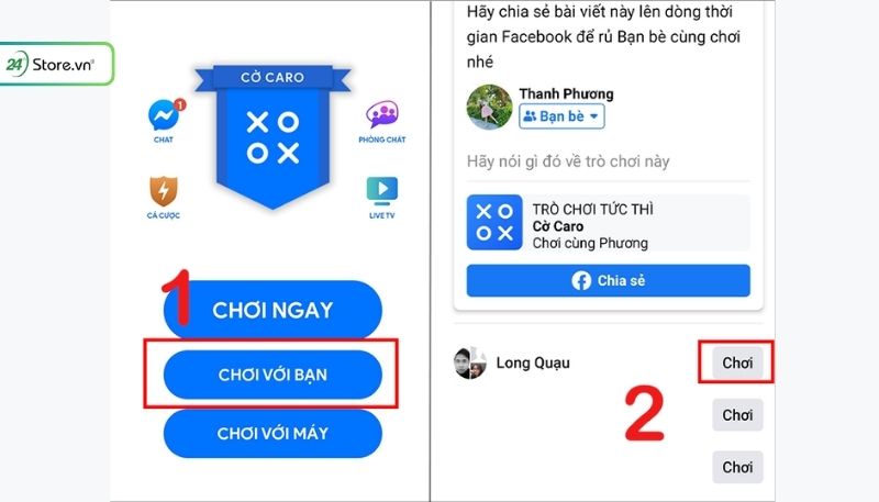 Cách chơi game trên facebook bằng điện thoại là nhấn vào Chơi với bạn