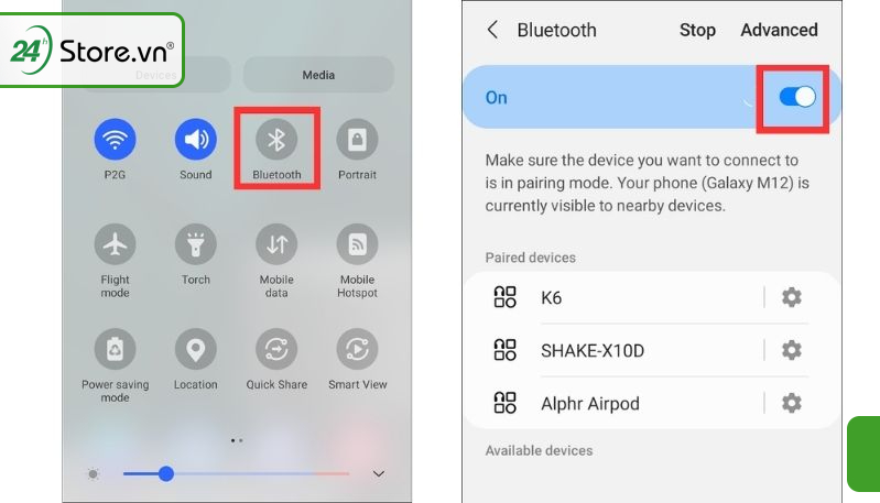 kéo phần Menu trên màn hình điện thoại và nhấn giữ biểu tượng Bluetooth kéo phần Menu trên màn hình điện thoại và nhấn giữ biểu tượng Bluetooth