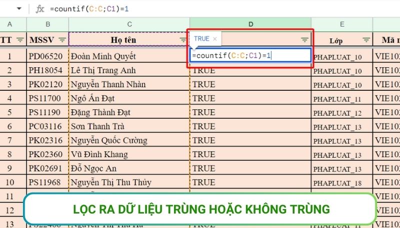 lọc dữ liệu trong google sheet