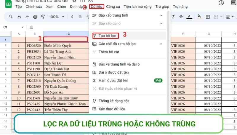 dữ liệu cần lọc trong google sheet