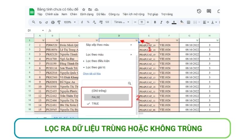 lọc dữ liệu trong bảng google sheet