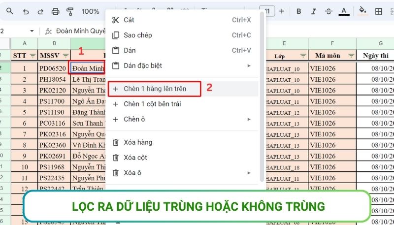 lọc dữ liệu trong Google sheet