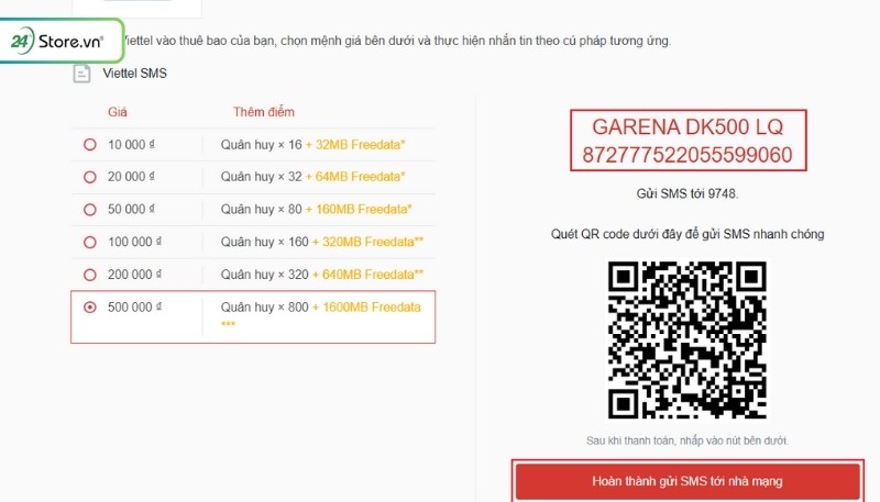 Hướng dẫn thanh toán liên quân bằng tin nhắn