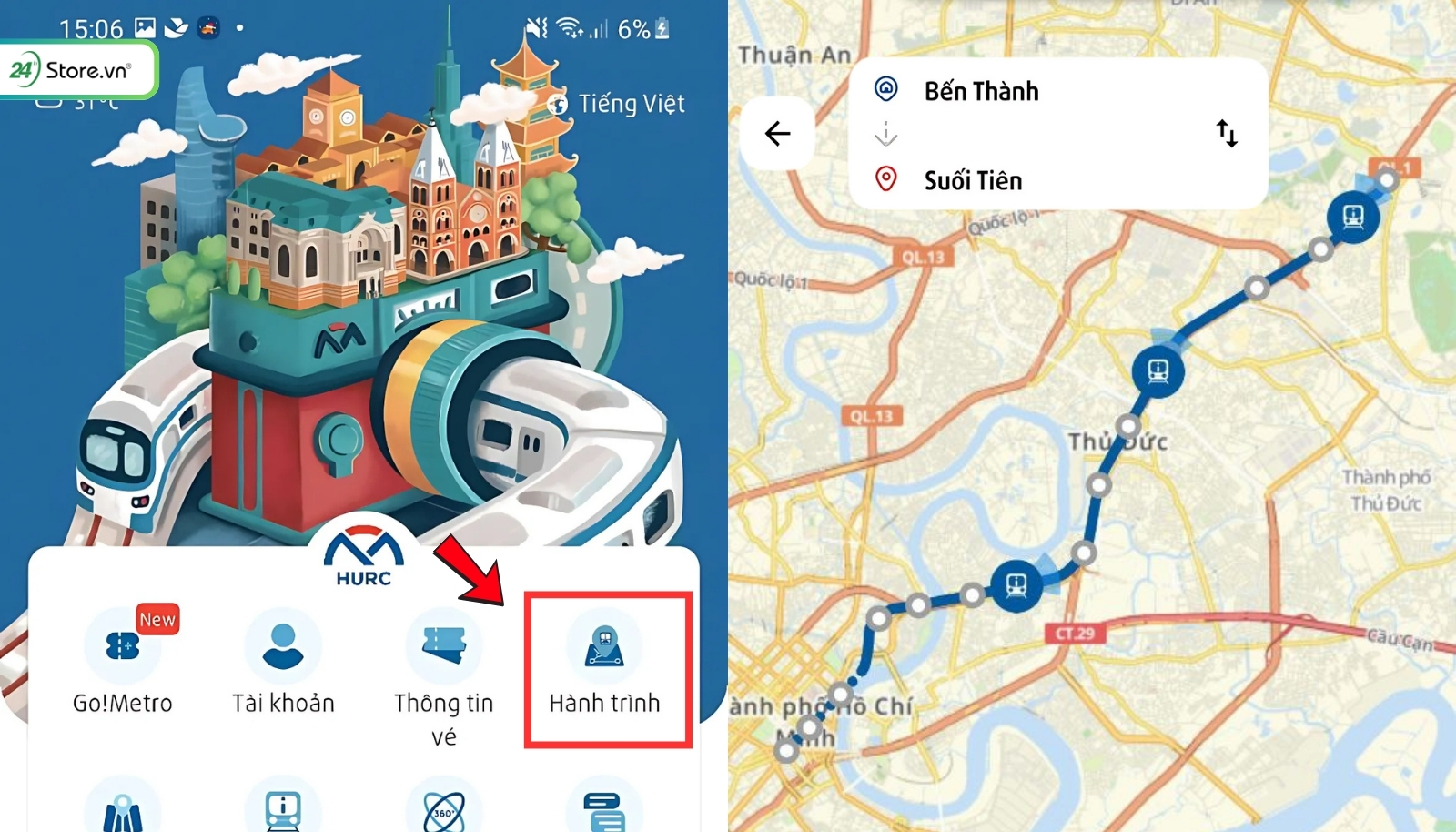 Cách sử dụng ứng dụng Metro HCMC xem hành trình tuyến Metro số 1