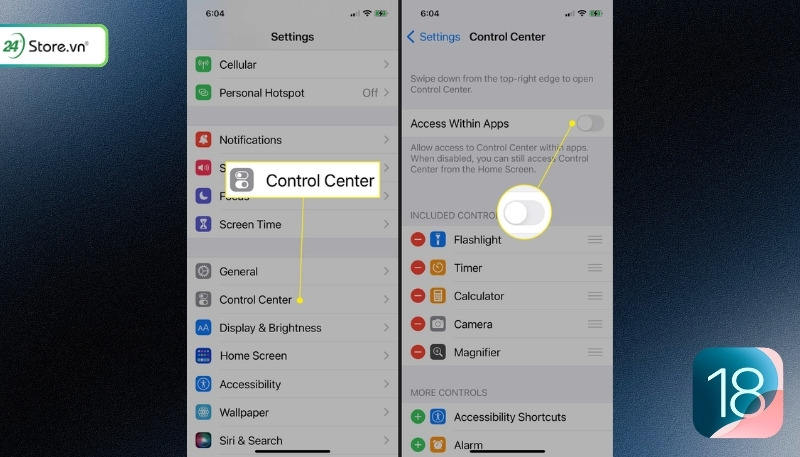 Cách tắt quyền truy cập Control Center trong ứng dụng