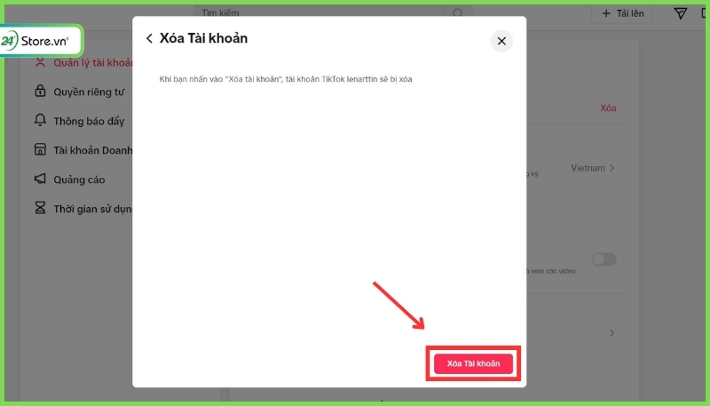 xóa tài khoản TikTok trên máy tính 
