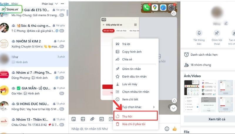Cách thu hồi tin nhắn Zalo sau 1 tiếng trên máy tính
