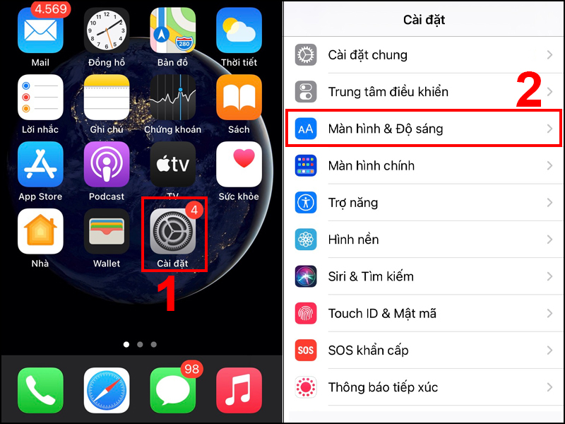 Vào cài đặt chọn màn hình và độ sáng 
