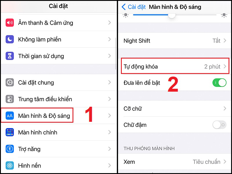 Chọn mục màn hình và độ sáng sau đó mở mục tự động khoá