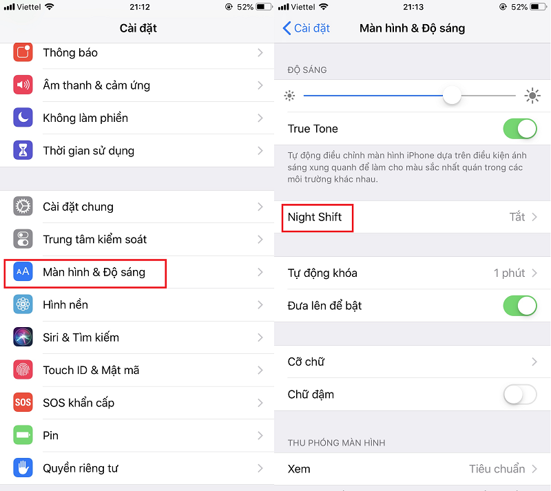  Chọn tiếp mục Night Shift
