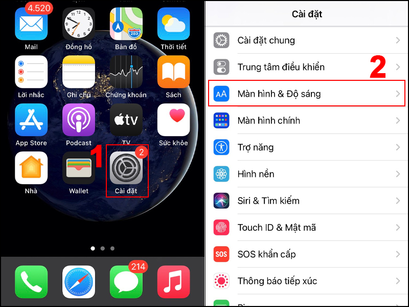 Vào phần cài đặt, nhấn chọn màn hình và độ sáng