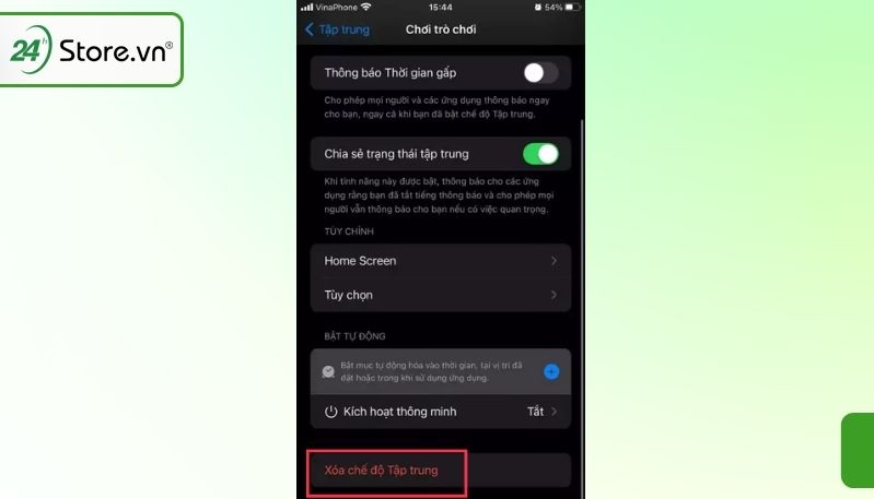 xóa chế độ tập trung trên iphone