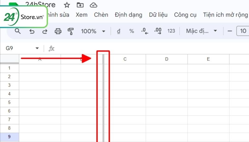 cố định cột trong google sheet bằng sử dụng chuột