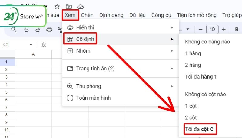 cố định cột trong google sheet bằng tùy chọn xem