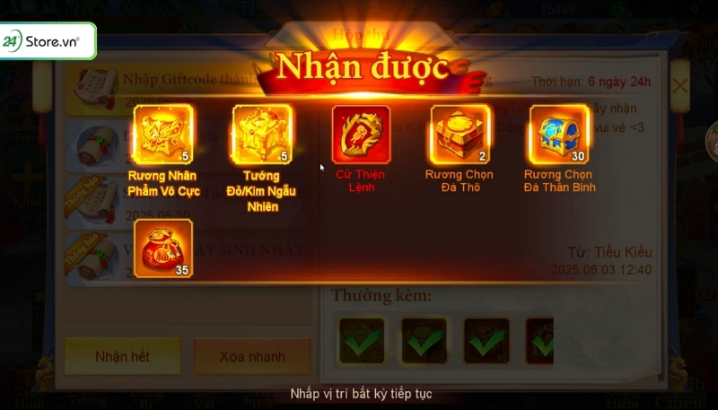 Phần thưởng code Danh Tướng 3Q