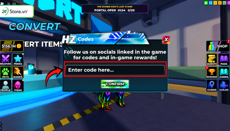 Cách nhập code Hunty Zombie bước 2