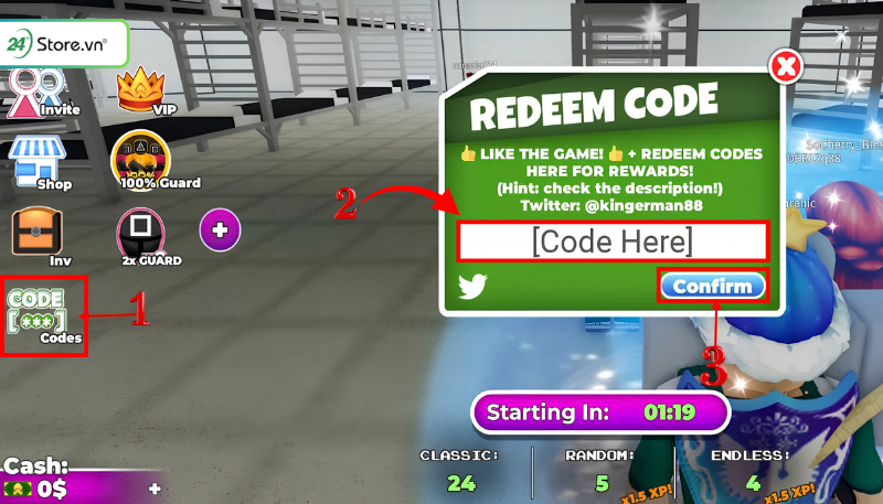 Cách nhập code Squid Game bước 2