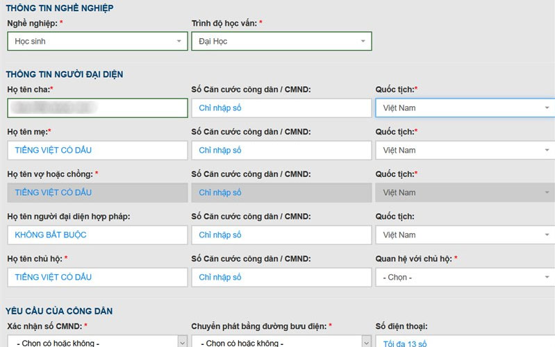Thông tin kê khai đăng ký căn cước công dân online