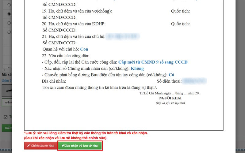 Tờ khai thông tin căn cước công dân online