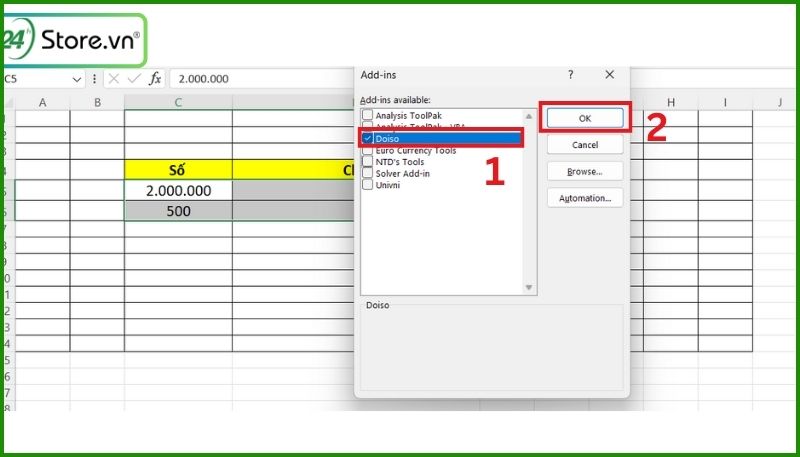chuyển đổi số thành chữ trong excel bằng hàm =vnd