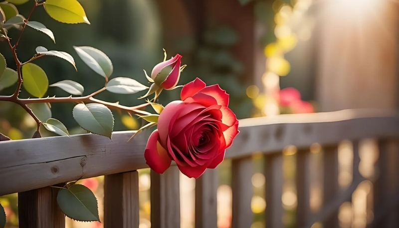 ảnh nền hoa hồng đỏ bên hàng rào gỗ