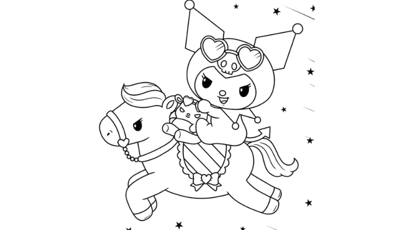 Ảnh kuromi không màu cưỡi ngựa