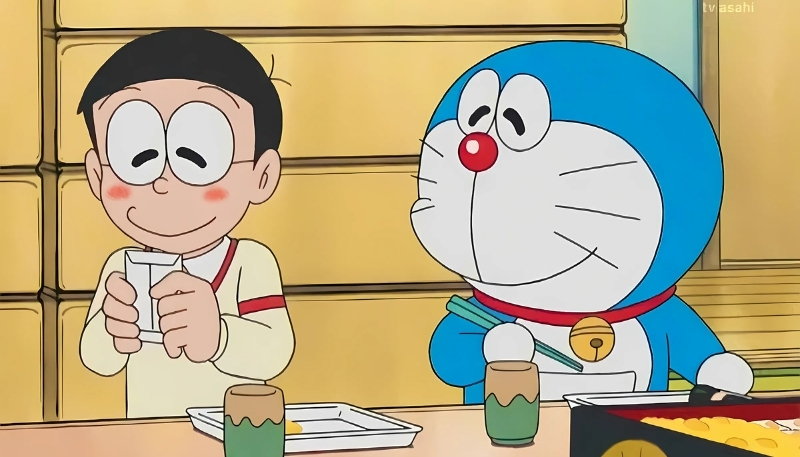 ảnh nền nobita và doraemon ăn uống