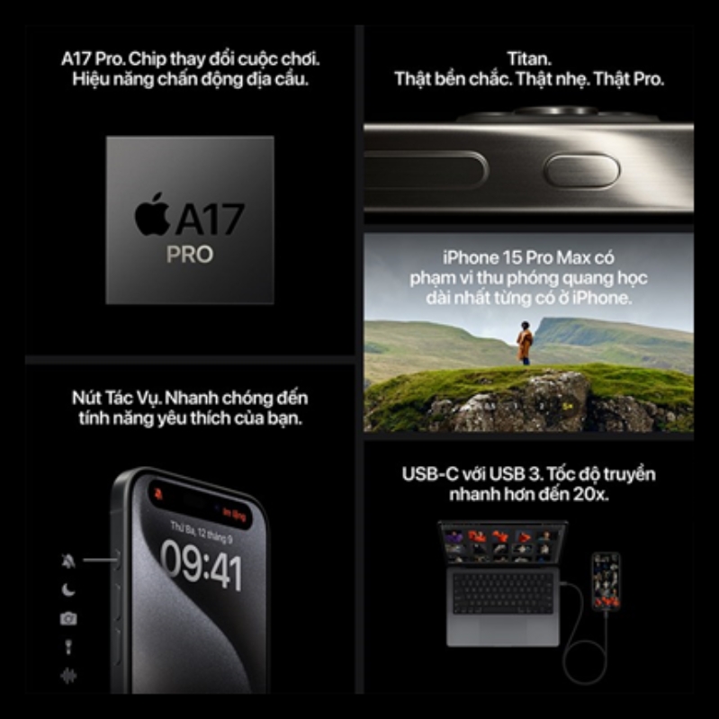 iPhone 15 Pro 128GB chính hãng VN/A hiệu năng chip A17 Pro