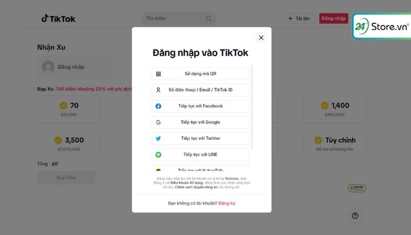 nạp xu tiktok trên web