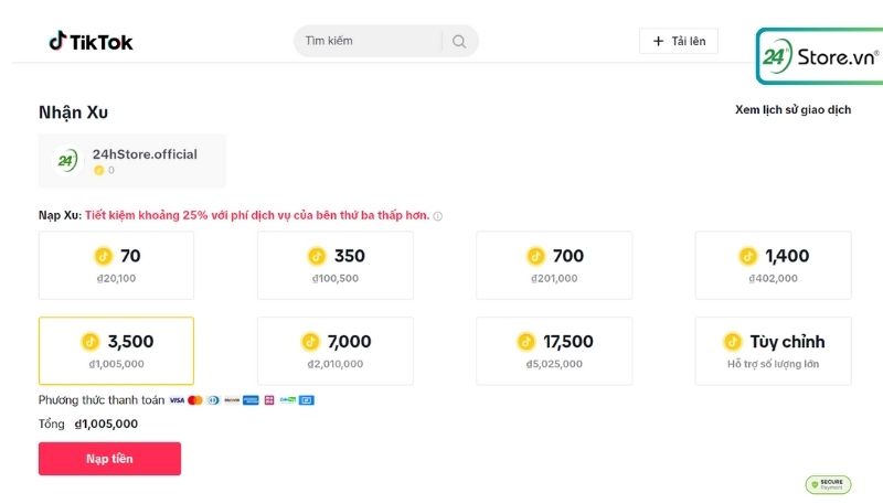 nạp xu tiktok trên web 1