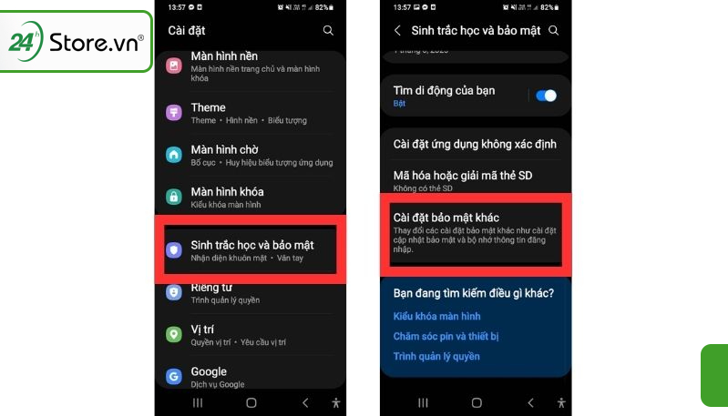 Chọn vào mục sinh trắc học và bảo mật