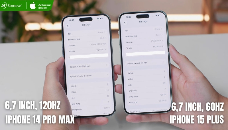 so sánh màn hình iphone 14  pro max và iphone 15 plus