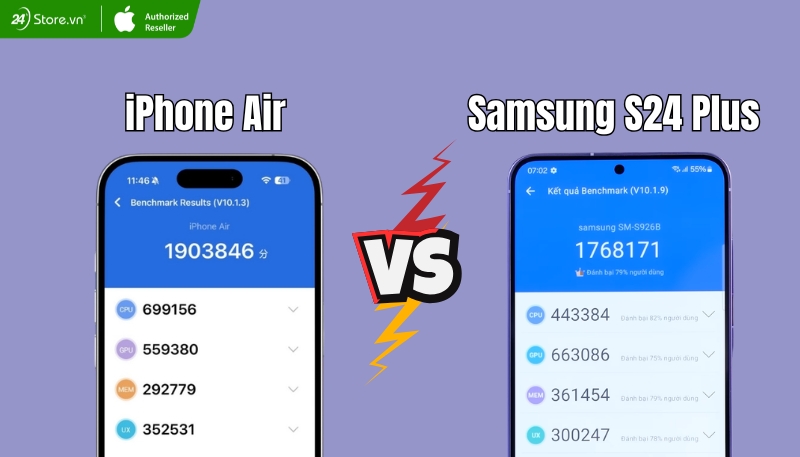 so sánh hiệu năng iphone air và samsung s24 plus