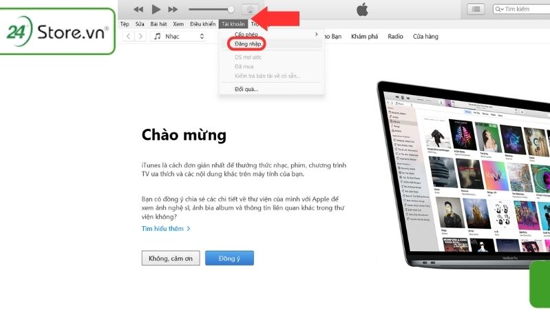  chọn vào mục Tài khoản và chọn Đăng nhập