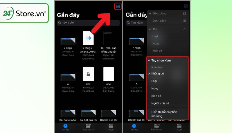 thay đổi chế độ xem của tệp trên iphone