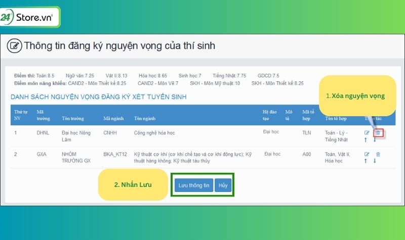 sửa thông tin đăng ký tuyển sinh