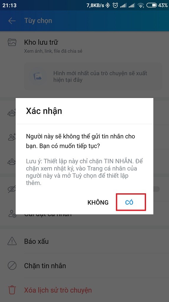 Tắt chặn người dùng Zalo